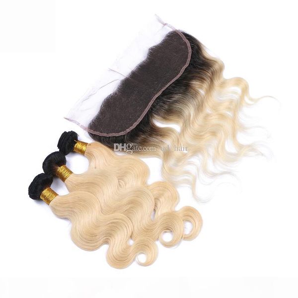 

ombre color 3 bundles with lace frontal brazilian blonde hair 1b 613 ear to ear full lace frontal 13x4, Black