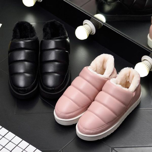 

women winter fur snow ankle boots warm flats pu leather waterproof men ladies couple comfortable shoes, Black