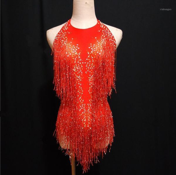 

new traje de leotardo con espalda descubierta con diamantes de imitación brillantes y borlas rojas1, Black;white