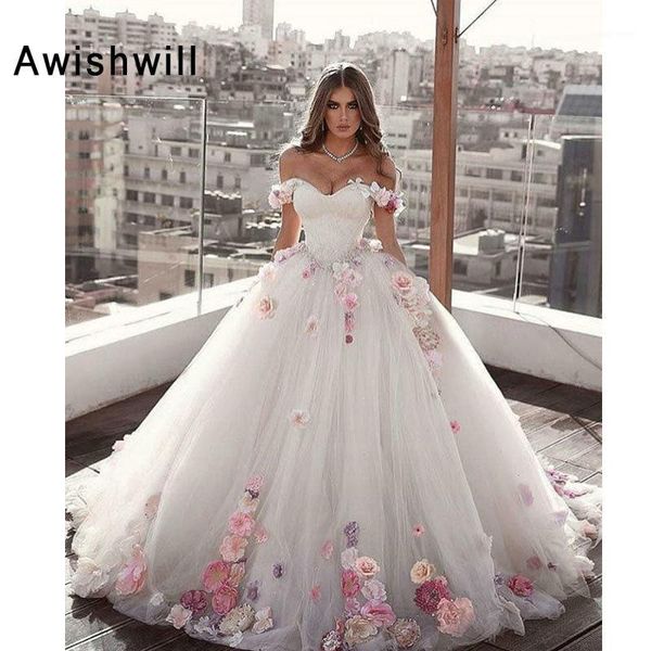 

romantic off the shoulder ball gown prom dresses with 3d flowers tulle lace-up back formal evening gowns for women1, White;black