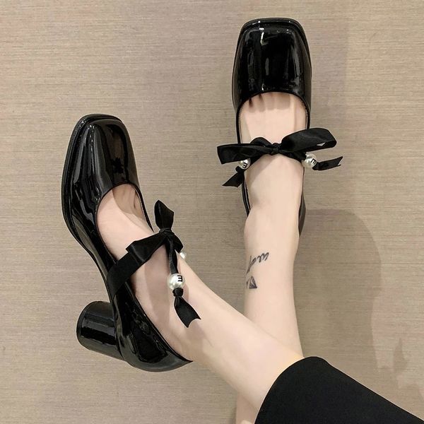 

2021 spring women mary janes shoes patent leather high heels cross-tied bow pumps new fashion pearls ladies shoes black 8944n #pv6f