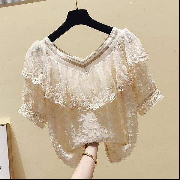 

plus size women summer chiffon blouse for woman 2021 summer new ruffles v neck chiffon shirt elegant sweet ladies blusas, White