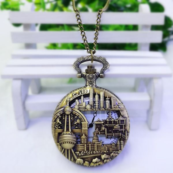 Großhandel neue 13 Stile Bronze Farbe Stahl Souvenirs Quarz Vintage Pocket Flip Student Oriental Pearl Touristenattraktionen Souvenir Uhren