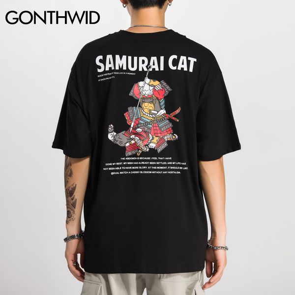 

harajuku japanese samurai cat print short sleev t-shirts streetwear hip hop casual tshirts men fashion summer, White;black