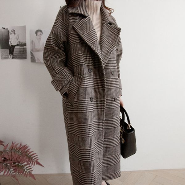 

women wool coat plaid loose long double breasted fashion female coats autumn winter outerwear 2020 jackets trench oversize wj110 c1111, Black