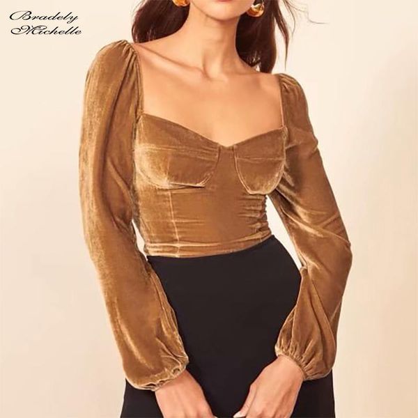 

2020 vintage women slim basic crop long sleeve elastic waist deep square collar blusas mujer de moda1, White