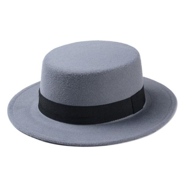 

new fashion wool boater flat hat for women felt wide brim fedora hat, Blue;gray