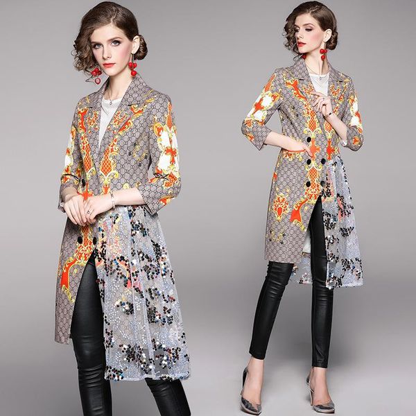 

new elegant fashion women spring autumn suit collar double-breasted retro print stitching mesh sequin coat trench, Tan;black