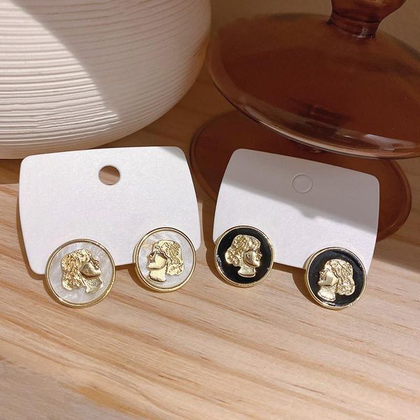 

stud origin summer vintage round gold head portrait earrings for ladies french black white accessories jewelry gift, Golden;silver