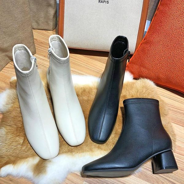 

2020 autumn winter shoes women boots black white zipper brand designer fashion square high heel women's ankle boots