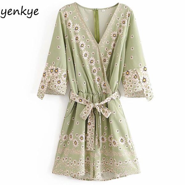 

women's jumpsuits & rompers vintage floral print jumpsuit women v neck flare sleeve sashes casual holiday short romper summer mono muje, Black;white