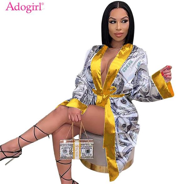 

adogirl dollar print color patchwork long cardigan with belt women fashion casual lace up trench coat female home jacket, Tan;black