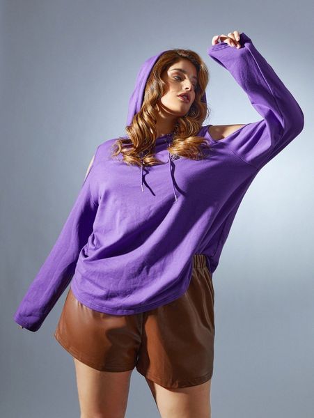 

plus cold shoulder hooded sweatshirt p6a1#, Black