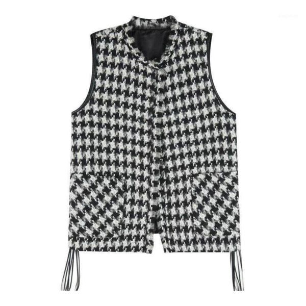 

2021 new autumn winter women's vest loose waistcoat plaid ladies fashion cardigan outwear houndstooth tweed vests y1691, Black;white