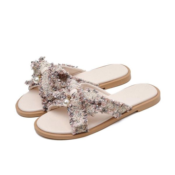 

slippers fairyland pearl sandals women's half trailer 2021 summer linen roman sandal open toe flat heel, Black