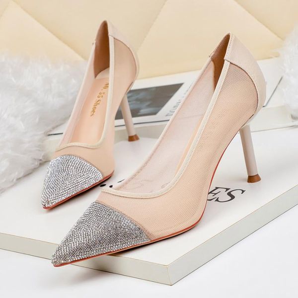 

glitter crystal cover toe air mesh patchwork pleated fabric shoes women stiletto high heels pumps pointed toe ladies shoes, Black