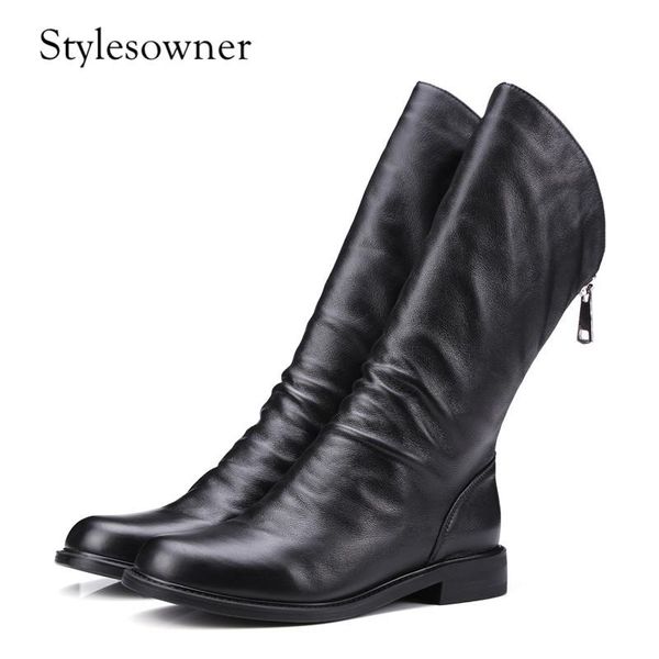 

stylesowner 2020 elegant design selling woman mid-boots low heels 2.5cm black solid color genuine leather winter boots