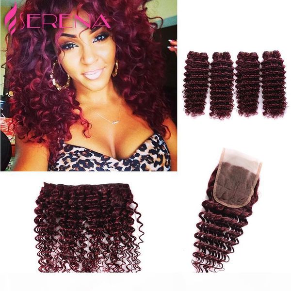 

deep wave brazilian hair with frontal human hair 4 bundles with closure virgin hair bundle deals with closure crochet braid 99j bundles, Black;brown