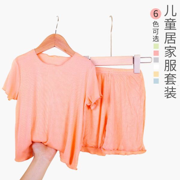 

children's pajamas summer thin pure color ear edge boys and girls home wear shorts short sve underwear set, Blue;red