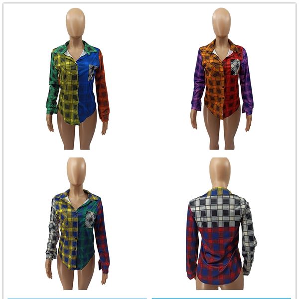 

fashion womens blouses plaid patchwork color long sleeves plus size autumn winter women lady shirt casual female blouse s-4xl f101906, White