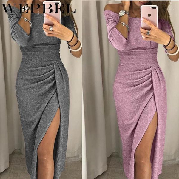 

casual dresses wepbel women off shoulder high slit bodycon sequins dress long sleeve plus size1, Black;gray