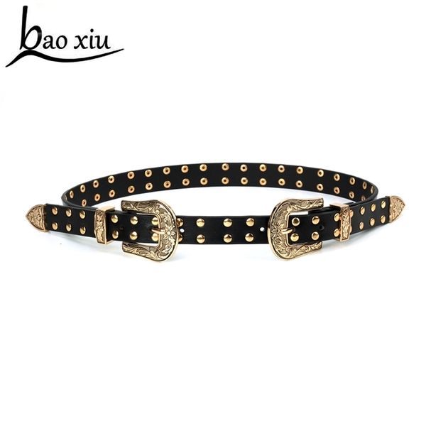 

new brand design punk style pu leather women rivet belts for female male vintage belt fashion double pin buckle waistband jeans t200327, Black;brown
