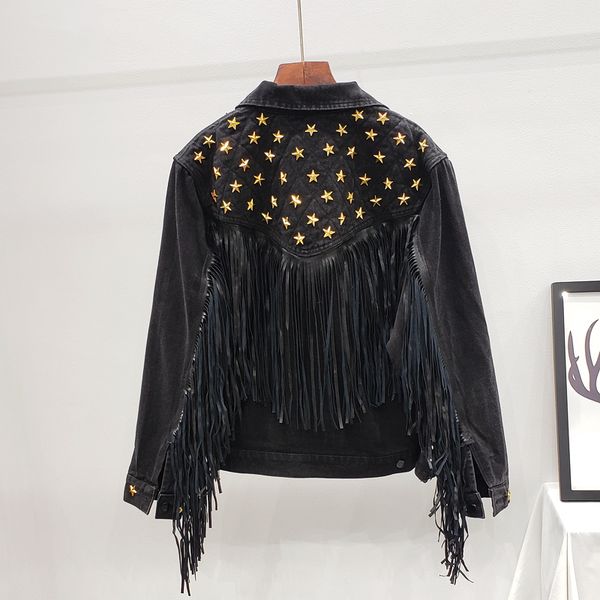 

denim women jacket autumn new spring vintage star rivet suede fringe loose coat long sleeve outerwear female boho jacket 201007, Black;brown