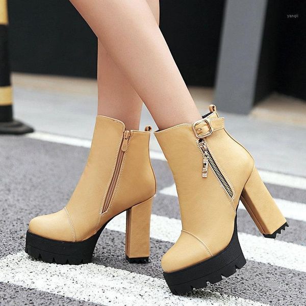 

boots women fashion zipper square high heel ankle ladies platform buckle round toe autumn winter shoes black red gray1