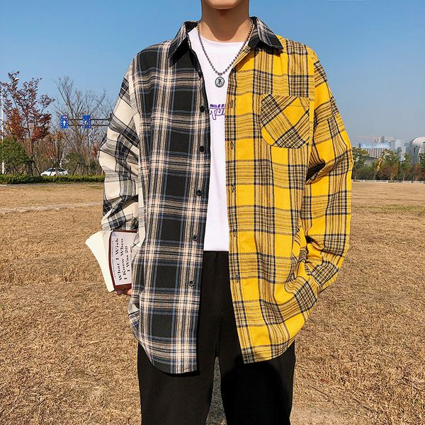 

2021 new privathinker oversized patchwork plaid shirts men streetwear casual long sleeve shirt hip hop korean harajuku men's clothing g, White;black