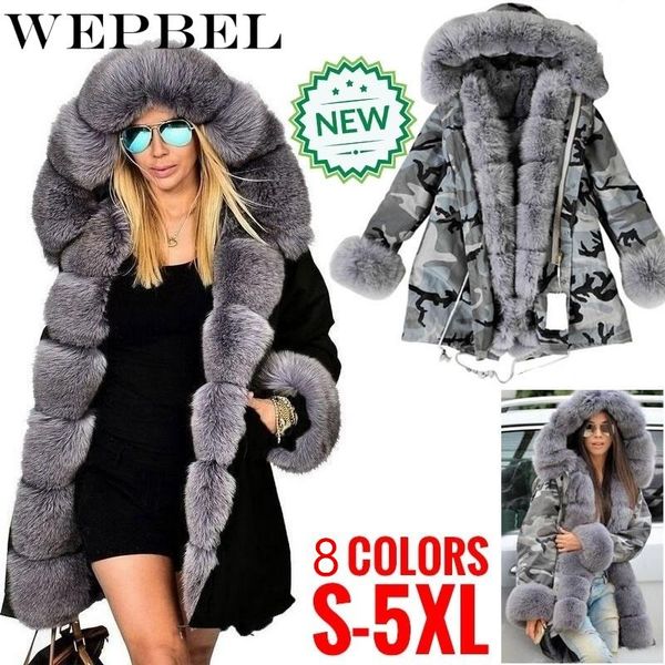 

wepbel осень и зима теплая куртка женщины моды мех животных длинное пальто воротник большой размер камуфляж вскользь женская куртка, Black