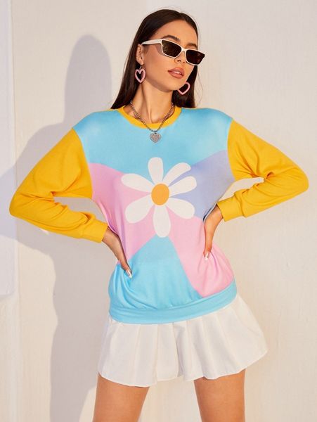 

colorblock & floral print drop shoulder sweatshirt k5de#, White;black