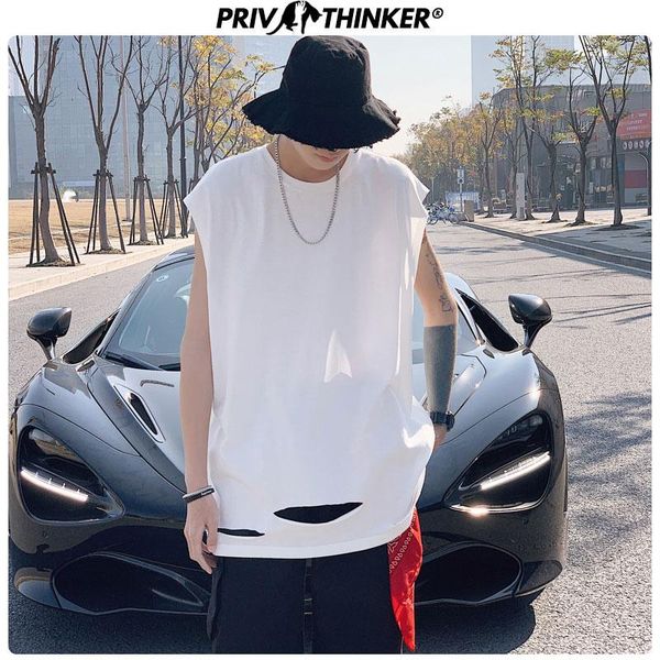 

2020 spring and summer hole men's sleeveless t-shirt hip hop solid fashions tshirts men oversize black male t shirt, White;black