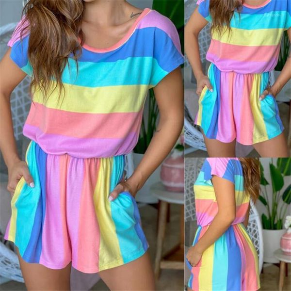 

lady o-neck short sleeve bodycon bodysuit casual colorful striped romper fashion jumpsuit shorts women 2020 summer outfits1, Black;white