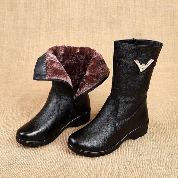 

boots 2021 winter leather women's middle and old cotton shoes plus velvet warm rhinestones slope with zipper boots1, Black
