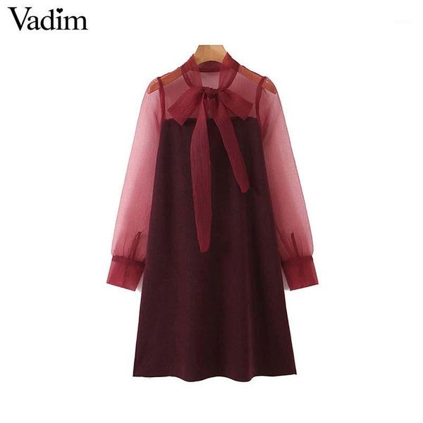 

vadim women elegant organza print mini dress bow tie sashes elastic long sleeve female stylish chic dresses vestidos qc9011, Black;gray