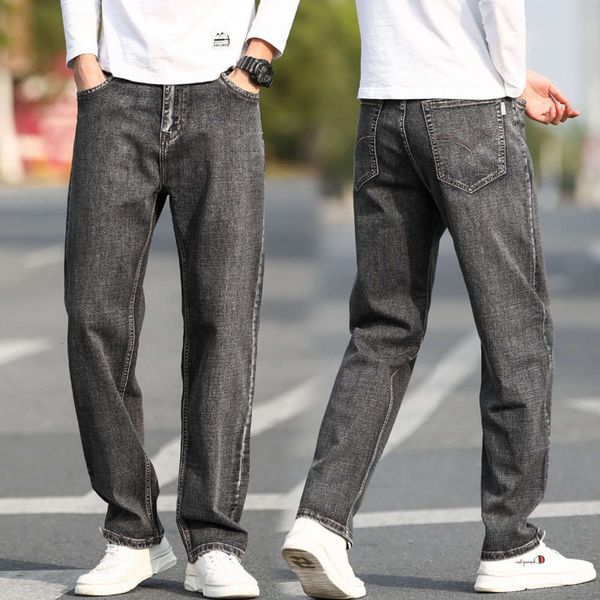 

oversized jeans men's loose fitting straight elastic fattening high waist middle aged dad pants, Blue