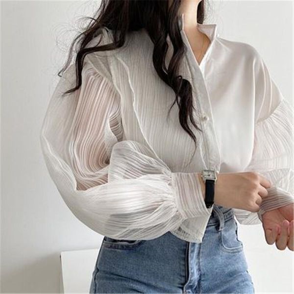 

women's blouses & shirts ladies white or black translucent chiffon spring autumn casual loose stand collar pearl buttons patchwork fema