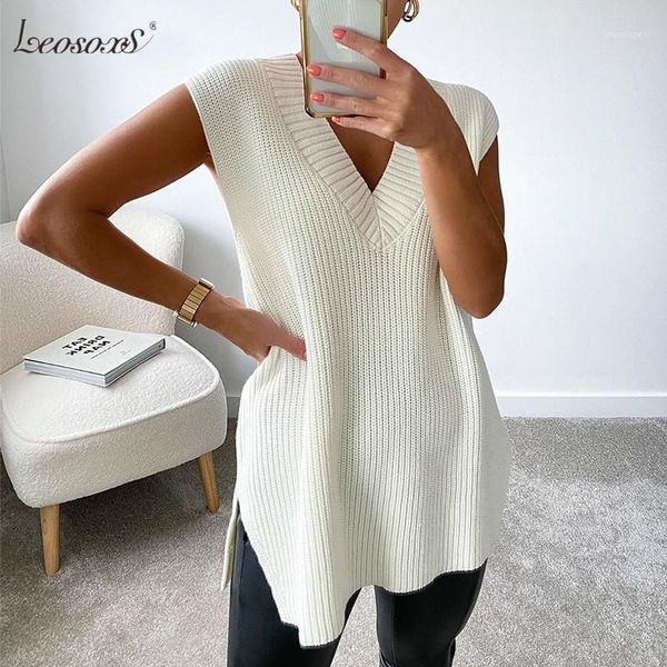 

women v neck sleeveless sweater vest knitted 2020 jumper autumn winter split white korean preppy pullover loose casual1, Black;white