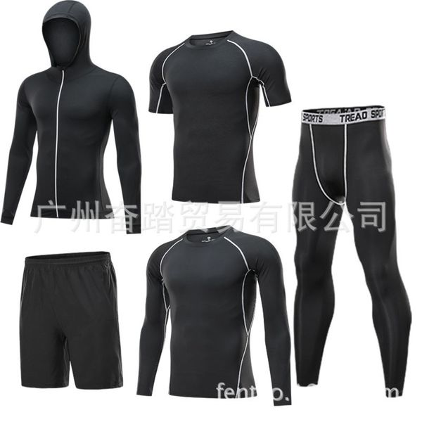 

suit sleeve men's long five piece cap quick drying breathable tight elastic clothes running autumn and winter, Gray