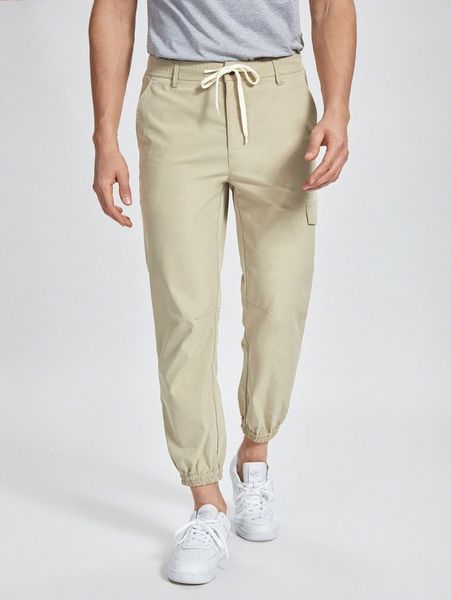 

men drawstring waist slant pocket pants h393#, Black