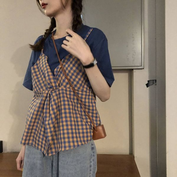 

su9h5 sweater pieces of t-shirt with vest knitwear knitwear knitted two stitching designkorean versionloose and thin t-shirtlace up plaid ve, White