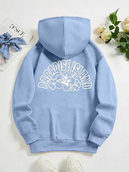 

floral & letter graphic drawstring thermal lined hoodie k5e5#, White;black