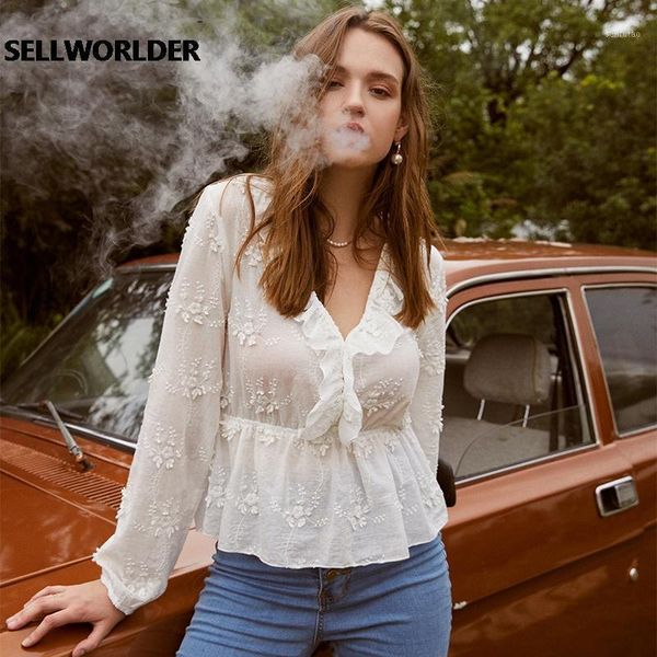 

elegant casual high street short shirt 2021 white pattern ruched women blouse v-neck long sleeves ruffle peplum