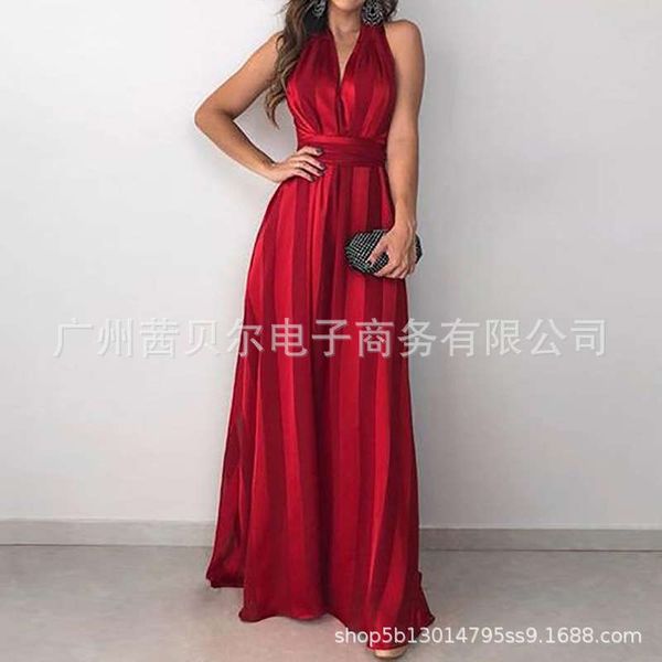 

2020 new stripe v-neck long skirt corset women's dress, Black;gray
