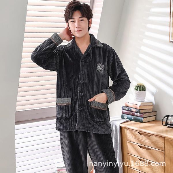 

mimi qiu dong with thick warm lapel flannel man cardigan that occupy the home a undertakes to black winter pajamas, Black;brown