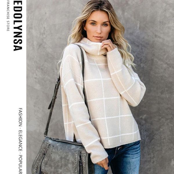 

plaid high neck drop shoulder winter sweater loose women's pullover knitted sweater street winter fashion casual sweaters y13, White;black