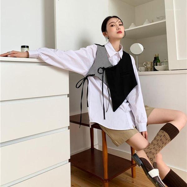 

women's blouses & shirts 2021 spring women long sleeve lapel white shirt irregular vest two piece sets female fashion korean loose blou