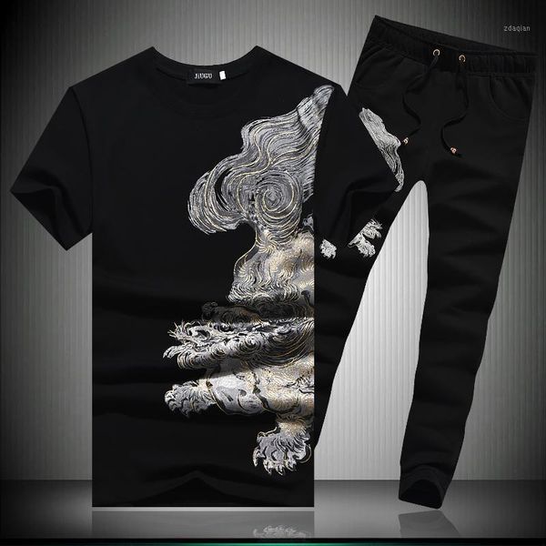 

men's tracksuits two pieces sets bronzing printing fashion short sleeve t shirt&pants summer quality cotton soft comfortable men's, Gray