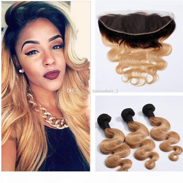 

dark roots 1b 27 ombre hair bundles with lace frontal closure body wave ombre hair weaves with frontal 1b 27 honey blonde hair, Black;brown