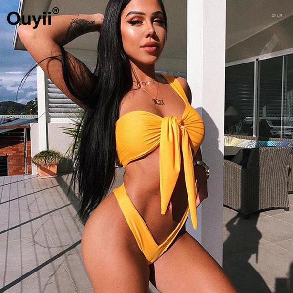 

vacation swimwear yellow one-shoulder bikini chest knotted swimsuit 2019 new split swimsuit beach bikini1, White;black